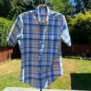 Brooks Brothers Mens button down shirt plaid checkered blue size S short sleeves